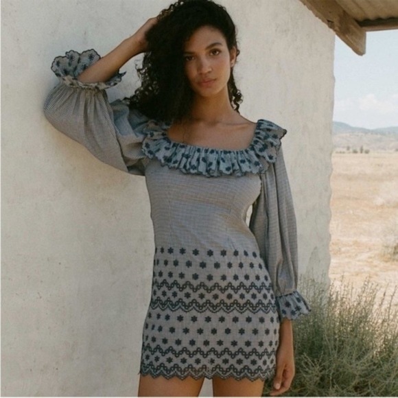 Doen Dresses & Skirts - Doen Franique Dress in Azure Paris Gingham Check Floral Embroidery